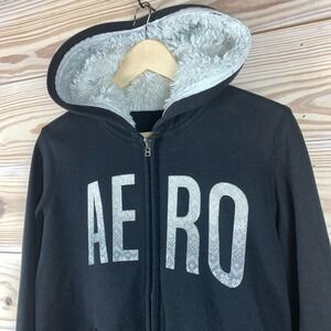 Aeropostale Hoodie Womens Large Black Full‎ Zip Sparkle White Faux Fur Hood Y2K